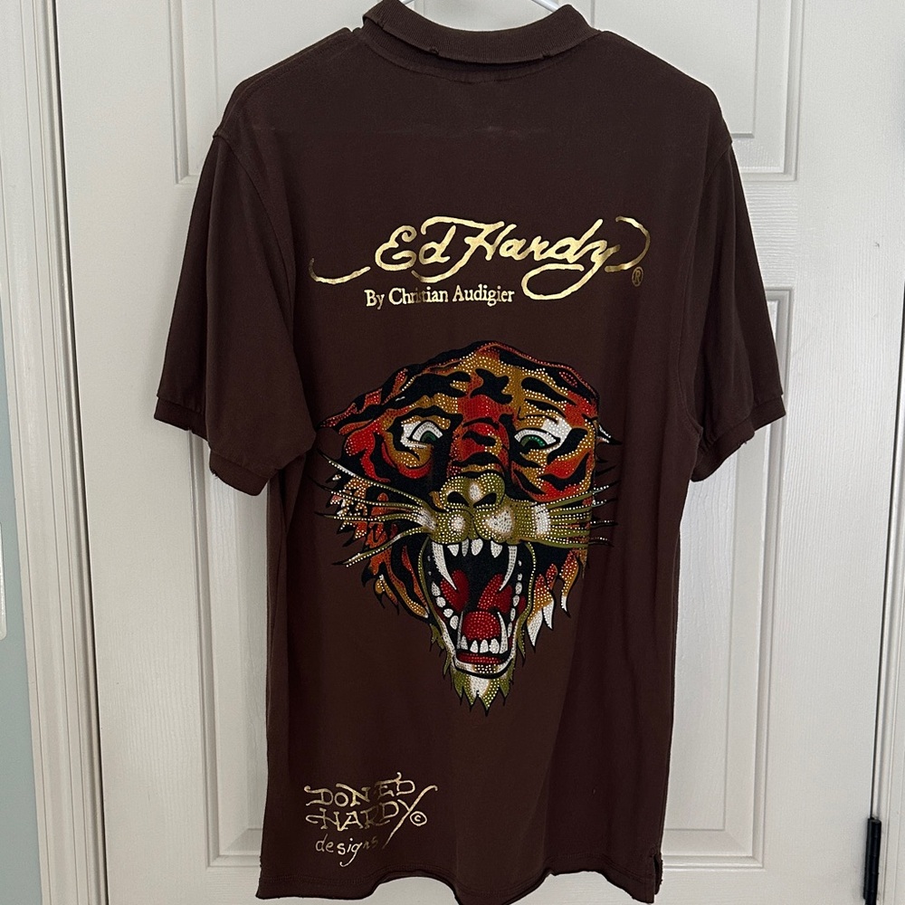 Ed Hardy Men's Dark Brown Polo with Tiger Design